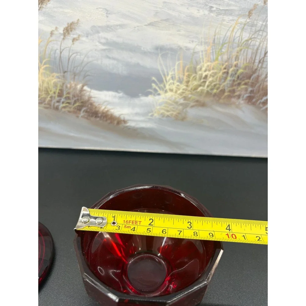 Vintage Ruby Red Glass Candy Dish Han Painted Floral Signed R Pau 1979 F